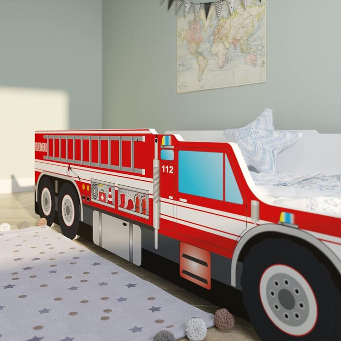 Дитяче ліжко-машина Kids Collective 80x160 см, пожежна, з бортиками та ламелями