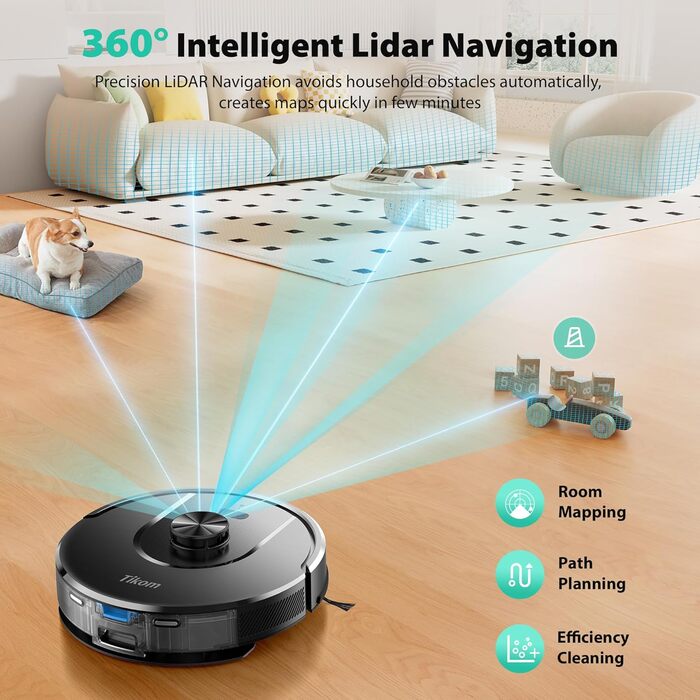 Робот-пилосос Tikom L8000 Plus з функцією миття, 6000Pa, LiDAR, Wi-Fi, для тварин та килимів