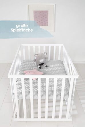 Дитячий манеж roba 75x100 см, дерев'яний, білий, з роликами, 3-рівневе регулювання, матрац сірий, мобільний, Laufgitter