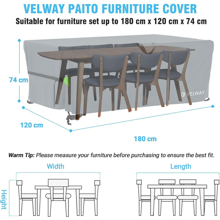 Чохол захисний для садових меблів Velway водонепроникний 180x120x74 см сірий прямокутний