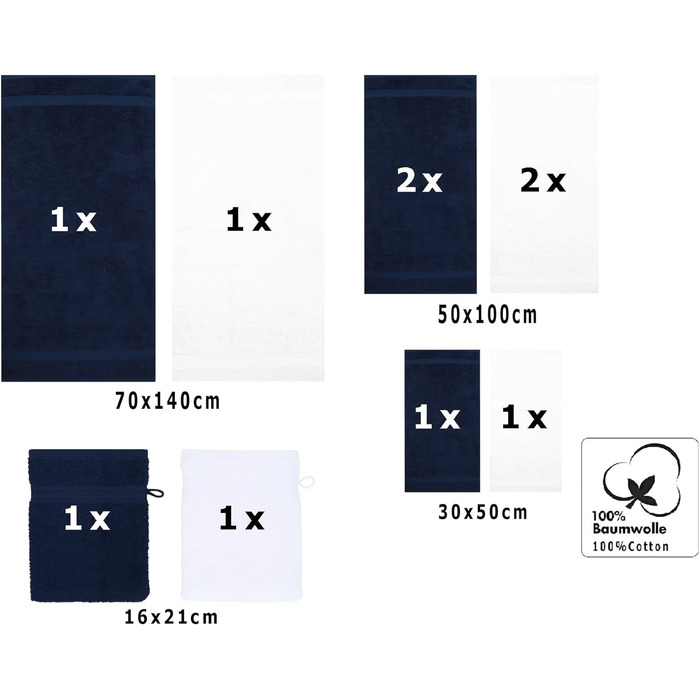 Набір рушників Betz PREMIUM 10 шт. 100% бавовна, темно-синій та білий: 2 банних, 4 для рук, 2 гостьових, 2 рукавиці