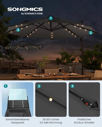 Парасоля SONGMICS для саду, 300 см, ампельна, 28 сонячних LED, UPF 50+, регулювання кута, 360° обертання, сірий