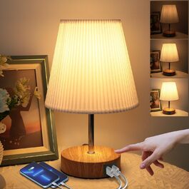 Настільна лампа HSLighting з димером, сенсорна, USB A+C зарядка, розетки, 2 LED-лампи, лляний абажур, для спальні, вітальні, офісу