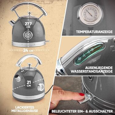 Електрочайник ProfiCook 1,7 л, ретро-дизайн, метал, термометр, 2200 Вт, антрацит