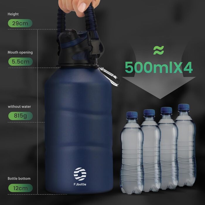 Fjbottle термобутилка з нержавіючої сталі 1.9 л з магнітною кришкою, вакуумна, BPA Free, для води, спорт, кемпінг, тренажерний зал, велика місткість, герметична