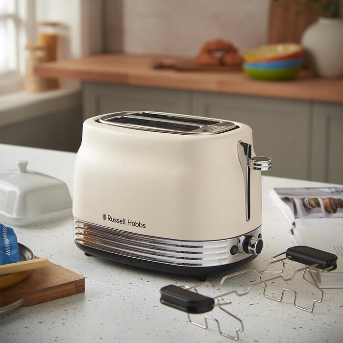 Тостер Russell Hobbs Hanley Crème-Weiß на 2 тости, 6 режимів, розморожування, підігрів, підставка для булочок