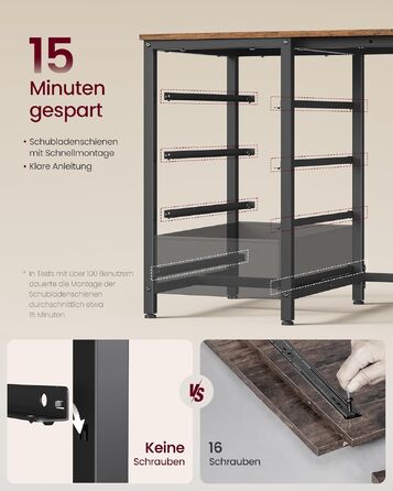 Кутовий комп'ютерний стіл VASAGLE з розетками, 160x80 см, вінтажний коричневий LWD173KD01 - ігровий стіл з USB, 4 шухляди