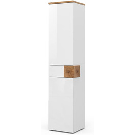 Високий шафа для ванної Vicco Eden, білий глянець/дуб Артизан, 40x184,2 см, 2 двері, шухляда
