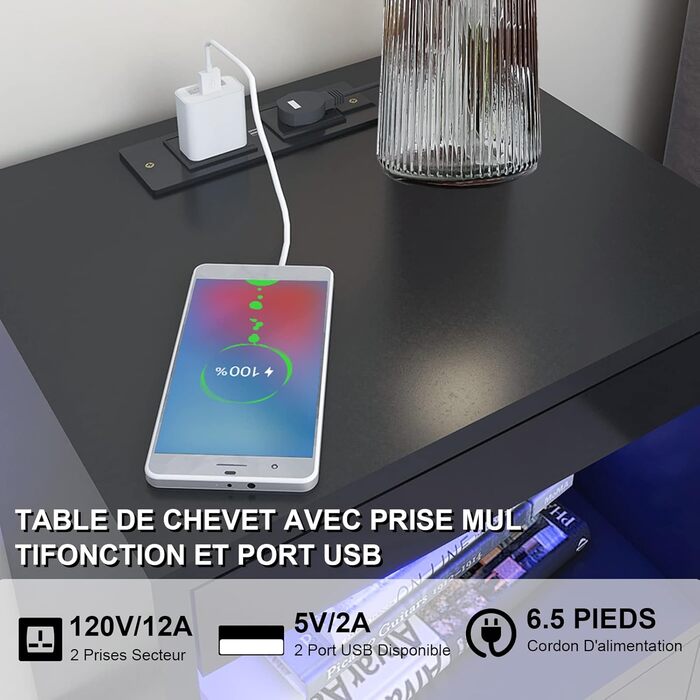 Прикроватна тумба Lvhecforhm з LED-підсвіткою, USB та розетками, чорна, з висувною шухлядою і відкритими полицями, 40x35x60 см