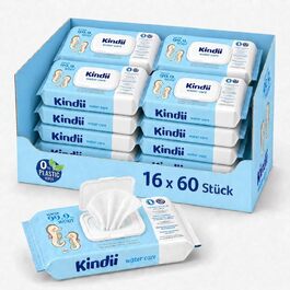 Дитячі вологі серветки Kindii Water Care 99,9% води, біорозкладні, 100% віскоза, без пластику, 960 шт (16 пачок по 60 шт)
