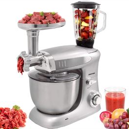 Кухонна машина Syntrox Germany Deluxe 1300 Вт, міксер і м’ясорубка 2-в-1, з аксесуарами, срібляста