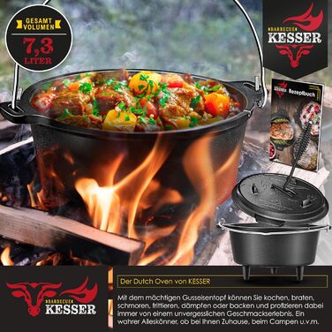 Чавунний казан KESSER Dutch Oven 7,3 л з підставкою з нержавіючої сталі та піднімачем кришки, універсальний котел для гриля, BBQ та приготування страв на відкритому повітрі та вдома