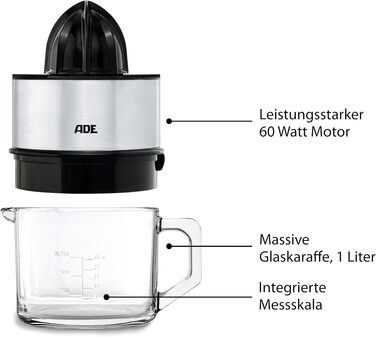 Електрична соковижималка для цитрусових ADE KA1803, 60 Вт, скляна колба без BPA, срібляста