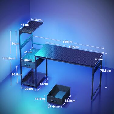 Ігровий стіл Coleshome з LED підсвіткою, шухлядами та полицею, чорний (карбон), 138x48 см