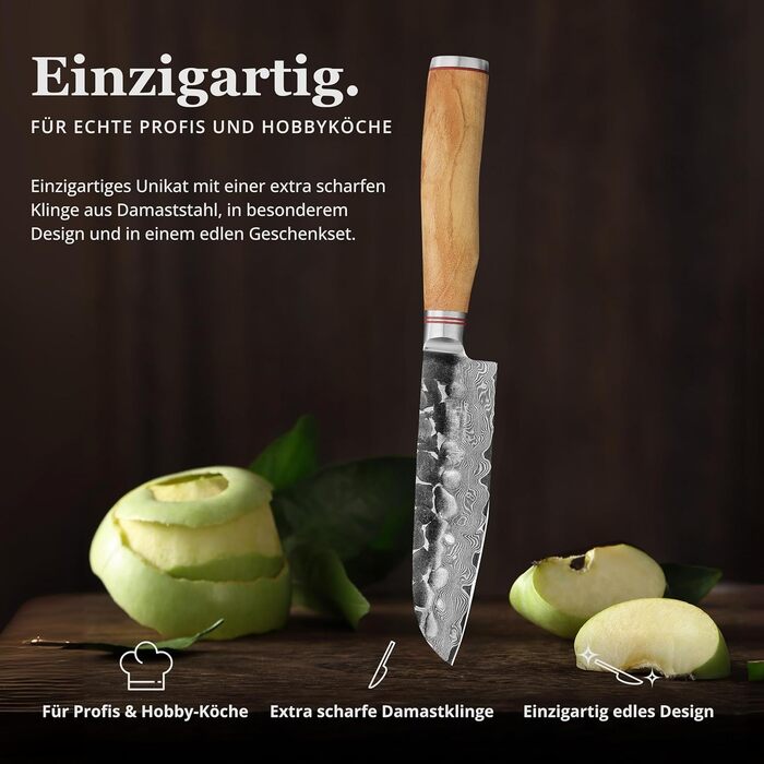 Японський ніж Santoku Wakoli Olive з дамаської сталі (серцевина VG10), 13 см – гострий та ергономічний – ніж з ручкою з оливкового дерева в подарунковій коробці, для овочів та фруктів