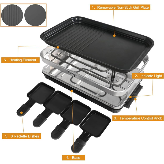 Електричний гриль для фондю Raclette на 8 осіб з антипригарним покриттям, 1500W, з 8 міні-сковорідками та 4 дерев'яними шпателями, регульована температура, нержавіюча сталь 44 x 30 x 16 см