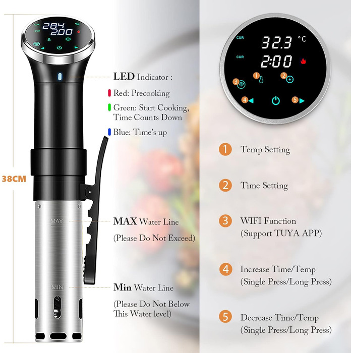 Sous Vide Garer WiFi 1100W - Занурювальний циркулятор для су-від з точним контролем температури (25-95°C) та таймером, IPX7 водонепроникний