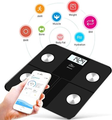 Цифрова вага-аналізатор Uten з Bluetooth, вимірювання жиру, вага до 180 кг, чорна, синхронізація з додатком