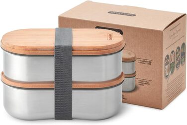 Ланч-бокс Bento BLACK+BLUM з нержавіючої сталі та бамбуковою кришкою, 2x500 мл, герметичний, з вилкою, розділювачем і обробною дошкою, Sara Kiyo Popowa Edition, для дорослих