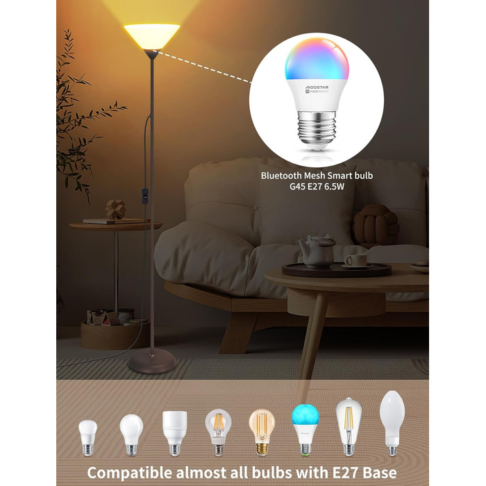 LED торшер Aigostar для вітальні та спальні, з Bluetooth Mesh G45 E27 6.5W лампою, димером, RGB та 2700K-6500K, з пультом, сумісний з Alexa