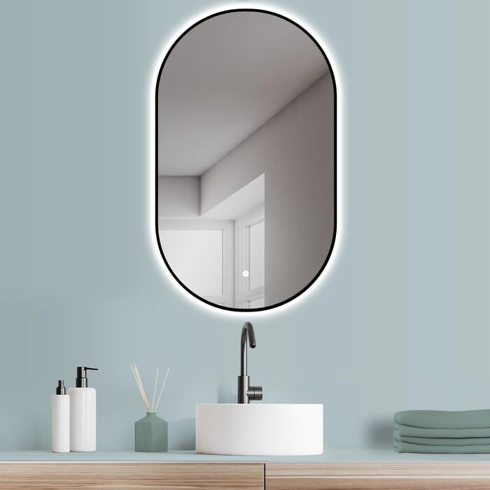 Дзеркало для ванної кімнати LED HOKO Design Turin овальне 45x75 см, чорний матовий каркас, сенсорне керування, зміна кольору світла (тепле/холодне/нейтральне)