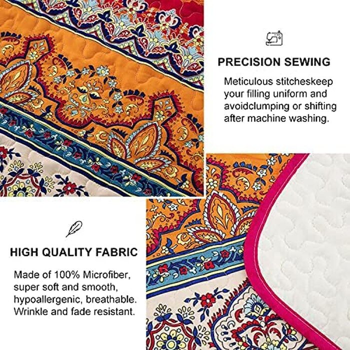 Постільна покривало WONGS BEDDING Boho 3-предметний комплект (220x240 см) з 2 наволочками 50x70 см, стібана ковдра з мікрофібри для спальні та дивана, Беміс