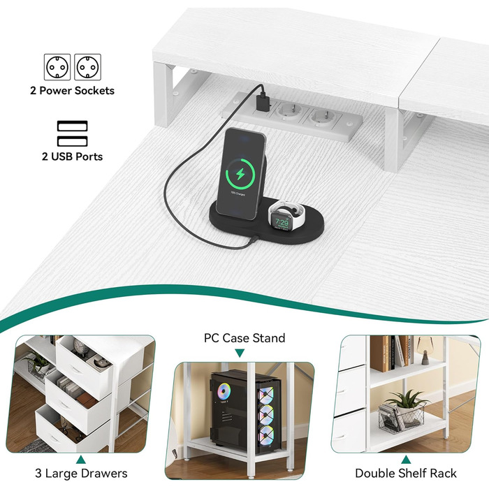 Письмовий стіл кутовий YITAHOME з USB-зарядом та розеткою, 4 шухляди, поличка, підставка під монітор, 140x100 см, білий