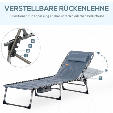 Outsunny Sun Lounger, складний садовий шезлонг з подушкою, бічна сумка, шезлонг з регульованою спинкою в 5 напрямках, стійкий до погодних умов шезлонг для кемпінгу з вантажопідйомністю до 130 кг, для садового пляжного басейну, сірий