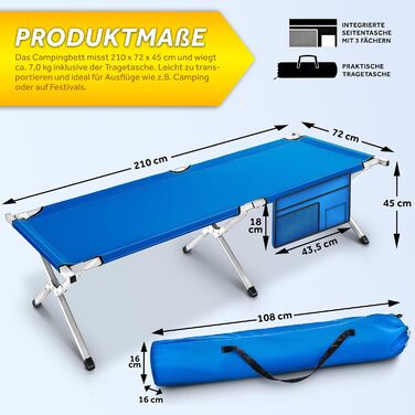 Розкладне польове ліжко TRESKO XXL 210x72x45 см, металеве, до 150 кг, синє, для кемпінгу