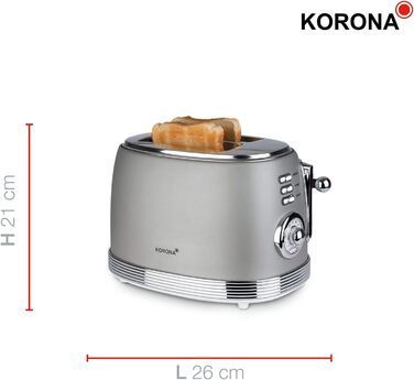 Тостер Korona 21667, 2 скибки, ретро дизайн, сірий, 6 режимів підсмажування, функції розморожування, підігріву та підсмажування, 850 Вт, підставка для булочок, піддон для крихт, центрування хліба