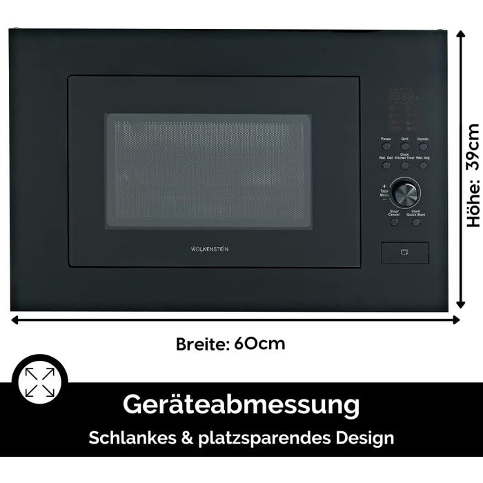 Вбудована мікрохвильова піч WOLKENSTEIN WMW900-25GB EB, 900 Вт, 25 л, 6 режимів, 8 програм, розморожування, LED-дисплей, чорна