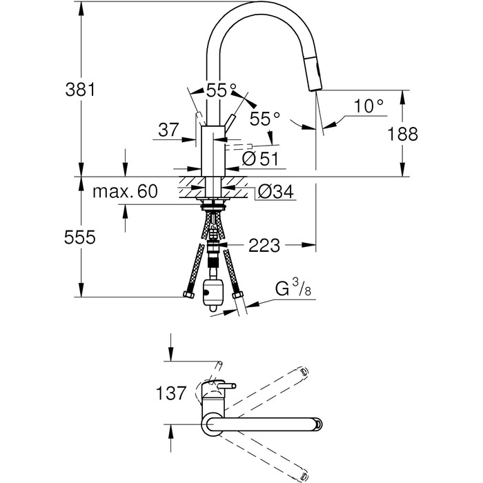 Змішувач кухонний GROHE Concetto з висувним душем, поворотний 360°, хром - 31483002