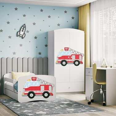 Дитяче ліжко Kids Collective 160x80 см з бортиком, ламелями та ящиком, біле, для хлопчиків, пожежна машина