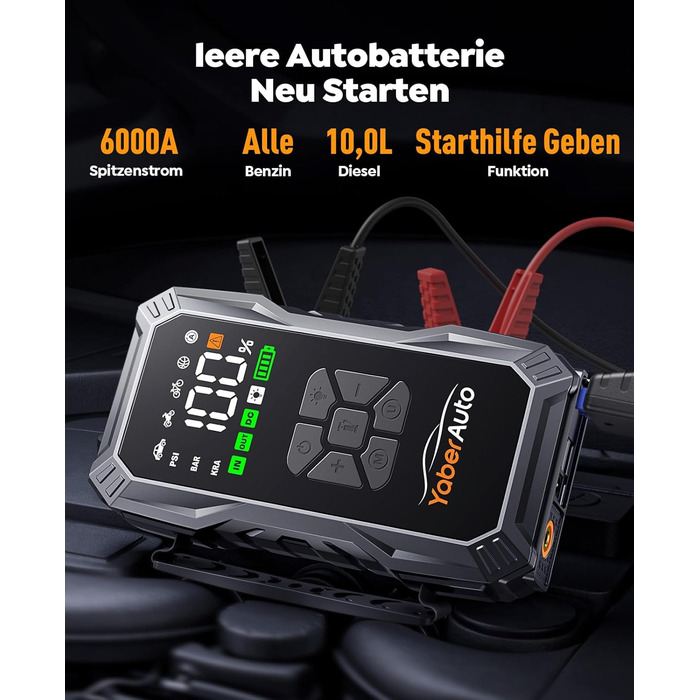 Портативний пусковий пристрій YaberAuto з компресором, 150 PSI, 6000A, 23800mAh, Jump Starter для бензинових та 10.0L дизельних двигунів з LCD-дисплеєм та світлодіодом 500 люмен