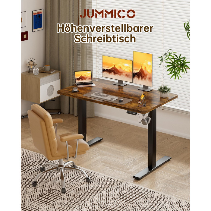 Електричний стіл з регулюванням висоти JUMMICO (120 x 60 см), ергономічний стіл для роботи сидячи та стоячи з USB-портом, темно-коричневий
