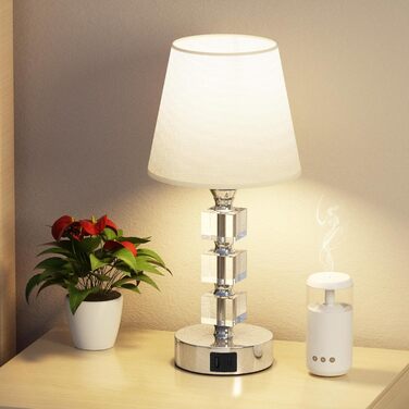 Настільна лампа Livofloral з сенсорним димером, USB A+C, LED, кришталем і тканинним абажуром, для спальні, дитячої, вітальні, готелю, біла