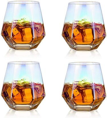 Набір з 4 склянoк Diamond Whisky, 300 мл, скло, сучасний дизайн, для віскі, бурбону, рому, для чоловіків і жінок, барний тумблер, райдужний