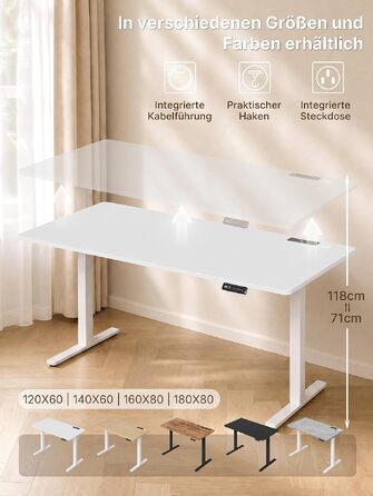 Регульований по висоті письмовий стіл JUMMICO 180x80 см з розеткою, білий