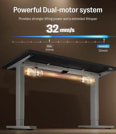 Регульований стіл MAIDeSITe S2 Pro (140x70 см, сірий каркас + чорний), електричний, з захистом від зіткнень, підйом до 160 кг