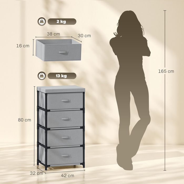 Комод зі сталевим каркасом та 4 шухлядами, 42 x 32 x 80 см, сірий/чорний