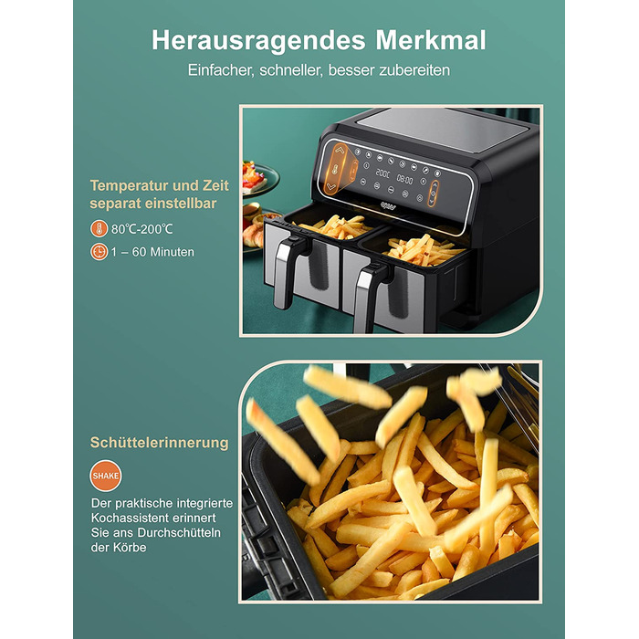 Інскій аерофритюрниця подвійна 8 л, 8 програм, 2 кошики, без олії, Dual Cook, Shake, XL