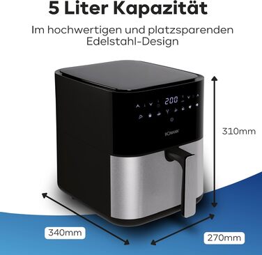 Аерофритюрниця Bomann FR 6069 H CB XXL 5л з цифровим тачскріном, 8 програм, нержавіюча сталь, чорний колір (Модель 2024)
