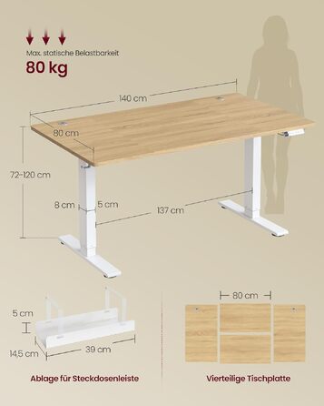 Регульований по висоті письмовий стіл VASAGLE 140x80 см, електричний стіл для роботи стоя з USB-C портом, пам'яттю на 3 позиції та нагадуванням про перерву, колір золотий дуб, LSD144YA02