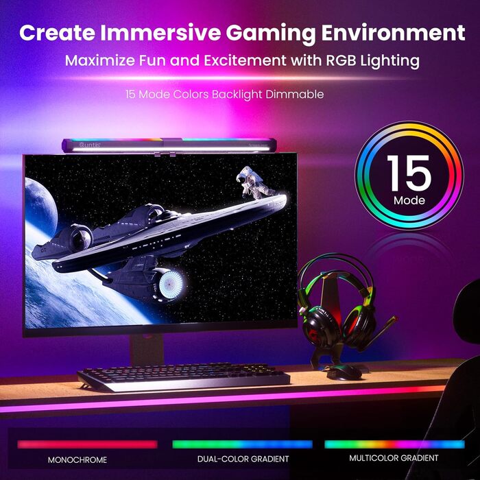 Світлодіодна лампа для монітора Quntis 40 см з RGB-підсвіткою, сенсорним керуванням, антиблакитним світлом, регульованою яскравістю та температурою кольору, USB, ігровий декор