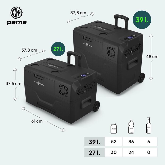 Автомобільний компресорний холодильник Peme Expedition XL (Dark Sky) 27/39L: електричний, портативний, для кемпінгу, з підігрівом та функцією морозильної камери (12/24V, 220-240V)