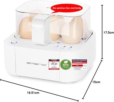 Електрична яйцеварка Emerio EB-115560, 3 рівні приготування, голосове повідомлення, інноваційний дизайн, біла, модель 2022, для яєць будь-якої консистенції (німецька мова)