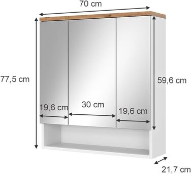 Дзеркальна шафа для ванної Vicco Eden, білий глянець/дуб Артизан, 70x77,5 см, 3 двері