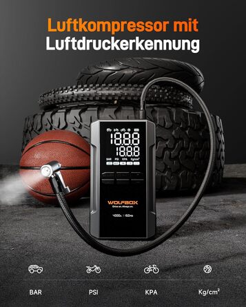 WOLFBOX 4000A: Пускозарядний пристрій з компресором 160PSI, 12V, 65W, 88.8Wh, для бензинових/дизельних двигунів 10L, LED-ліхтар, кабелі для пуску