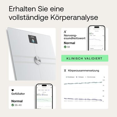 Розумні ваги WITHINGS Body Comp з Wi-Fi та Bluetooth, повний аналіз складу тіла: жир, м'язова маса, кісткова щільність, вісцеральний жир, білі