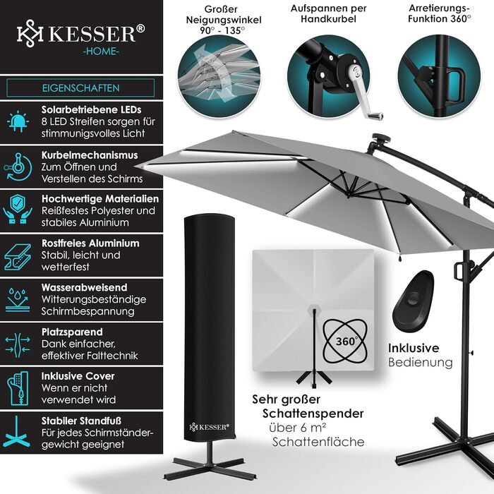Сонячна прямокутна парасоля KESSER Holly з LED-підсвічуванням, алюмінієвий каркас, водовідштовхувальна, UV-захист, 350 см, з чохлом і фіксатором, світло-сіра для саду